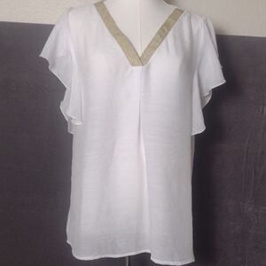 Madison Large White Flutter-Sleeve V-Neck Top with Gold Trim Lightweight